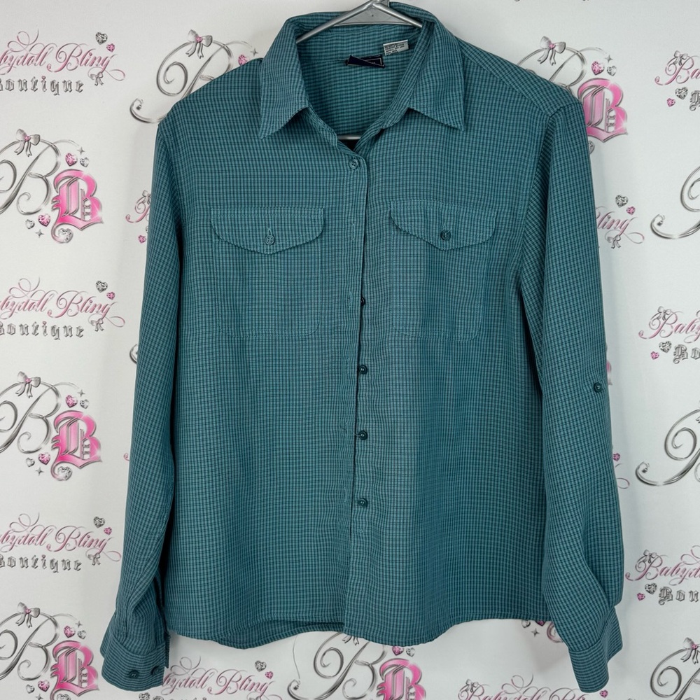 Laura Scott button down plaid style blue pockets  Casual Teal Checkered Shirt
